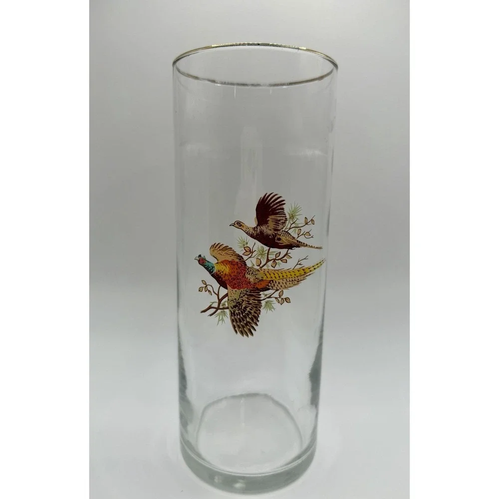 West Virginia Glass Pheasant Vase Vintage MCM Gold Rim 8.5 Inch Cylinder